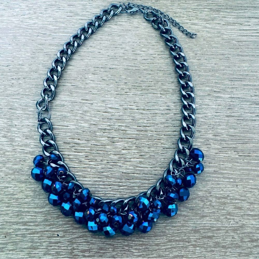 Sparkling Navy Blue Beaded Gunmetal Chain Necklace